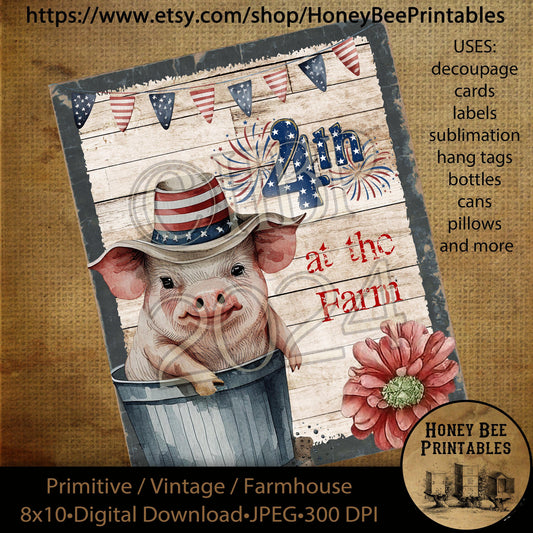 Vintage Primitive Instant Download Printable Decoupage, Patriotic, Americana, Farm, Barn, Animals, Pig, 4th of July on the Farm