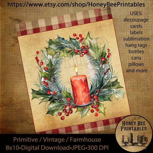 Vintage Primitive Instant Download Printable Decoupage, Vintage Christmas, Candle, Wreath, Candle Light,  8x10, uses: tags, cards, labels