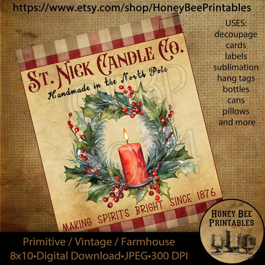 Vintage Primitive Instant Download, Printable, Decoupage, Christmas, Candle, Wreath, Candle Light,  8x10, St. Nick Candle Company