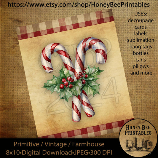 Vintage Primitive Instant Download, Printable, 8x10, Decoupage, Christmas Candy, Candy Canes, Peppermint, Holly Berries, Use for cards, tags