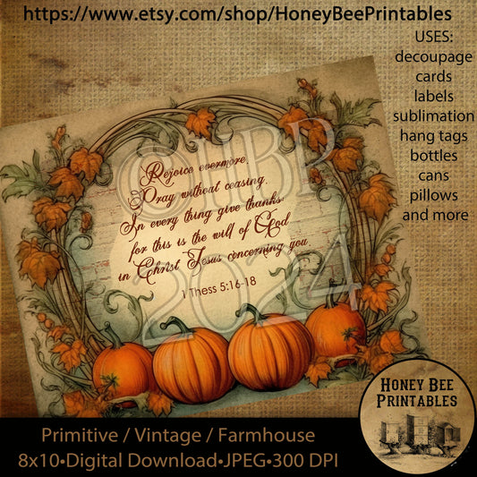 Vintage Primitive Instant Download Printable Decoupage, Fall, Autumn,, Pumpkins, Bible, Scripture, Thanksgiving, In Every Thing Give Thanks