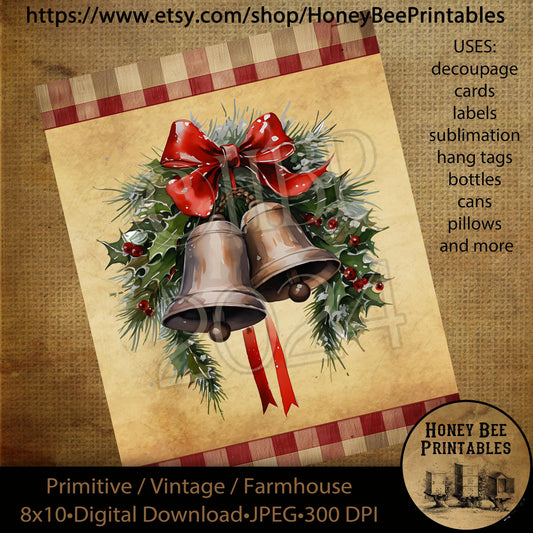 Vintage Primitive Instant Download, Printable, 8x10, Decoupage, Christmas Bells, Silver Bells, City Sidewalks, Busy Sidewalks, Cards, tags