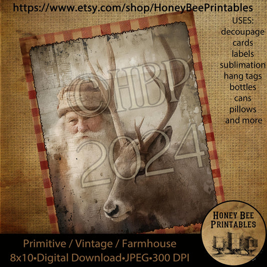 Vintage Primitive Instant Download Printable Decoupage, Christmas, Vintage Christmas, Santa Claus, Reindeer, tags, cards, labels, ornaments