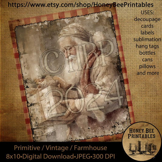 Vintage Primitive Instant Download Printable Decoupage, Christmas, Vintage Christmas, Santa Claus, Gift, Present, cards, labels, ornaments