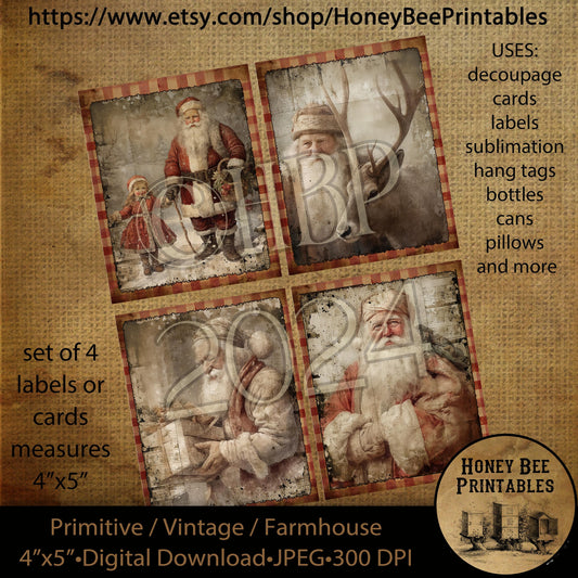 Vintage Primitive Instant Download Printable Decoupage, Christmas, Vintage Christmas, Vintage Santa Claus, Set of 4 cards, labels, ornaments