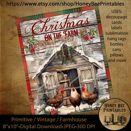 Vintage Primitive Instant Download Printable Decoupage, Christmas, Vintage Christmas, Christmas on the Farm, Chicken Coop, Chickens, Rooster