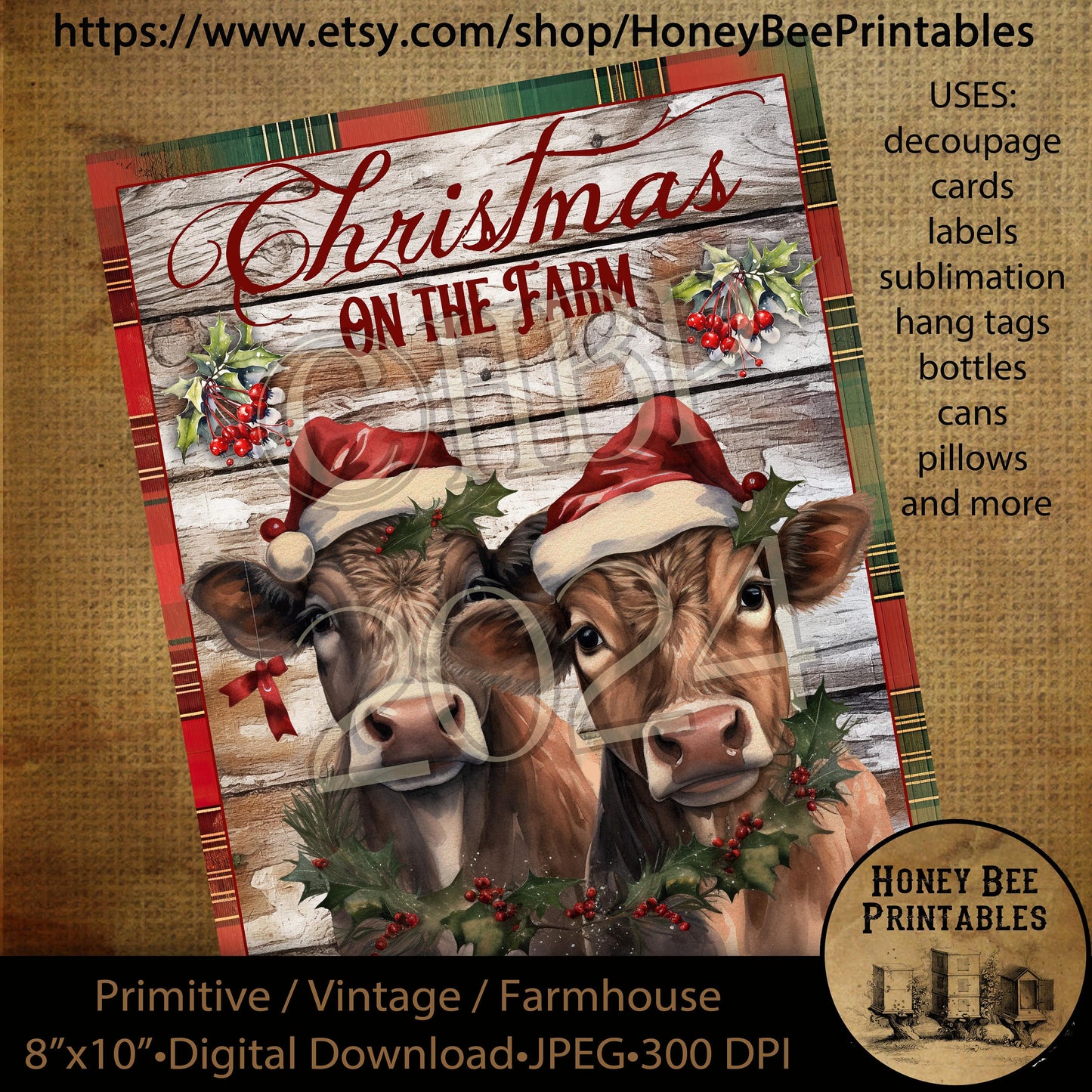 Vintage Primitive Instant Download Printable Decoupage, Christmas, Vintage Christmas, Christmas on the Farm, Cows, Christmas Cow