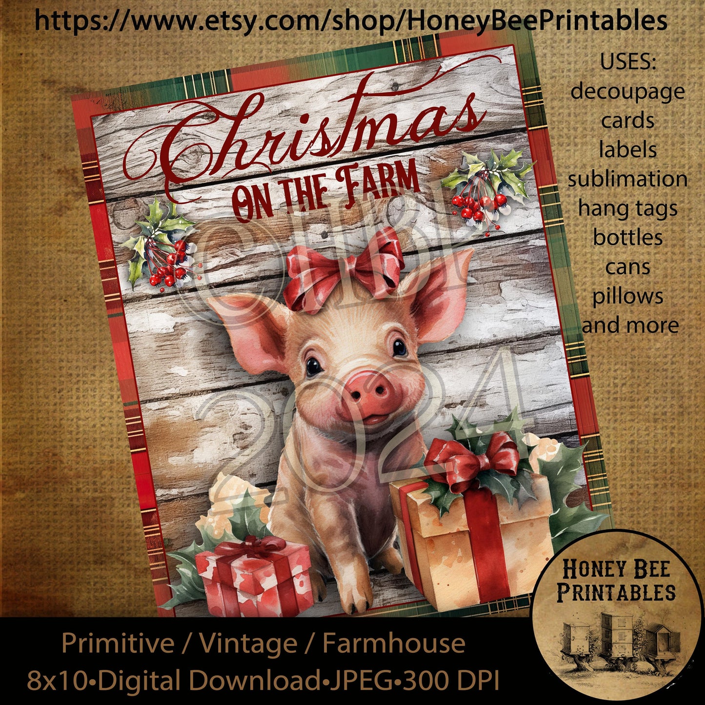 Vintage Primitive Instant Download Printable Decoupage, Christmas, Vintage Christmas, Christmas on the Farm, Pig, Christmas Pig
