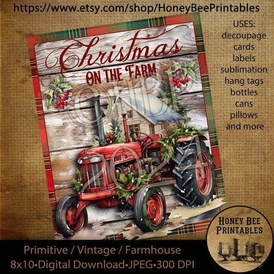 Vintage Primitive Instant Download Printable Decoupage, Christmas, Vintage Christmas, Christmas on the Farm, Old Red Tractor, Red Tractor