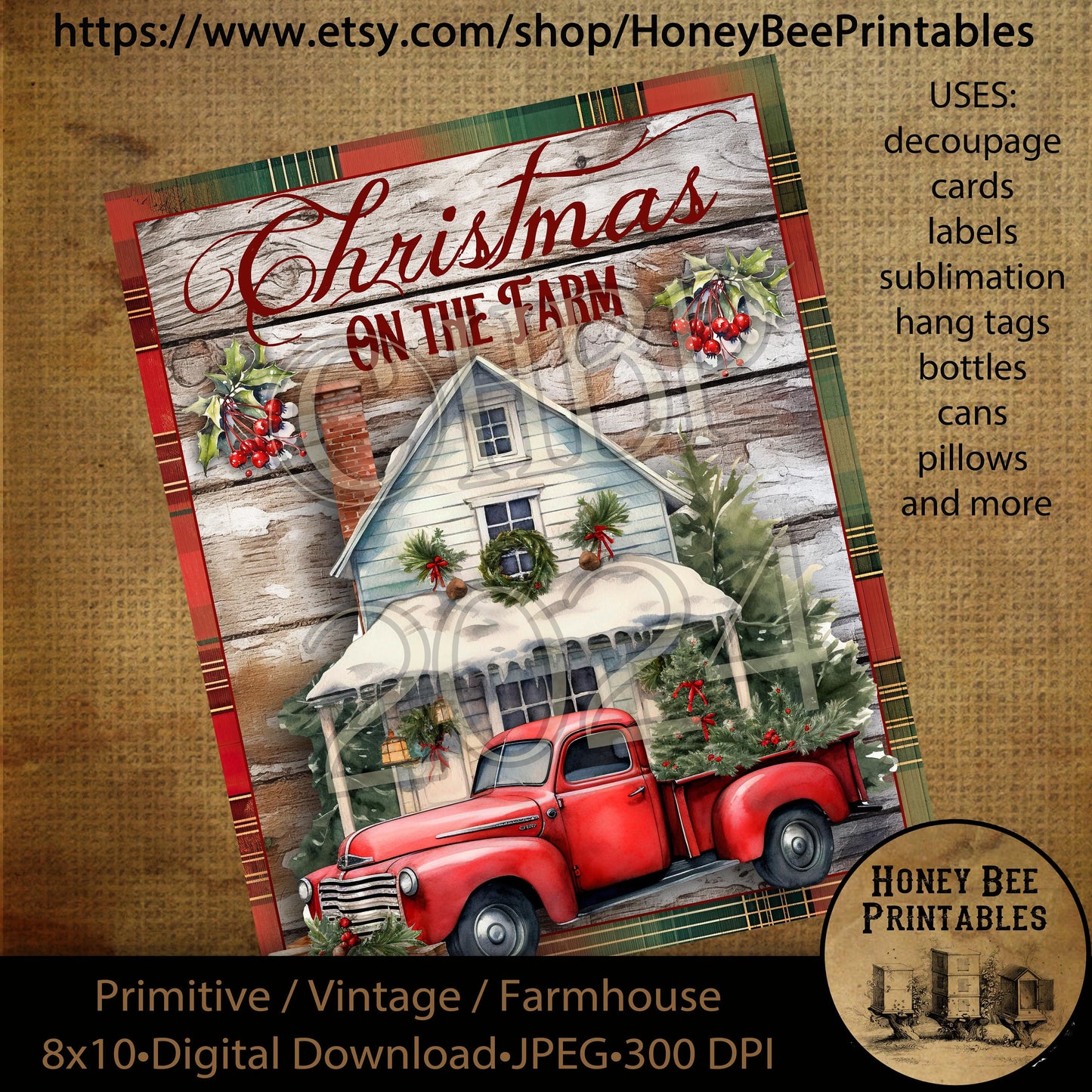 Vintage Primitive Instant Download Printable Decoupage, Christmas, Vintage Christmas, Christmas on the Farm, Old Red Truck, Christmas Truck