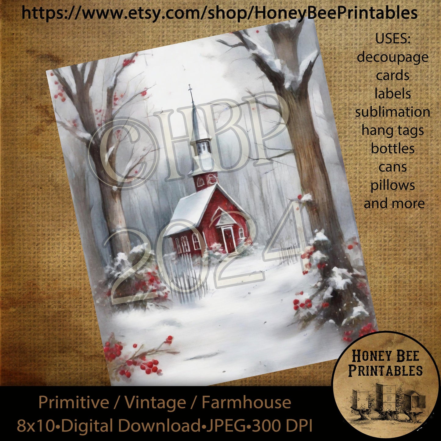 Vintage Primitive Instant Download Printable Decoupage, Christmas, Vintage Christmas, Christmas Chapel, Old Red Chapel 01, Church, Winter