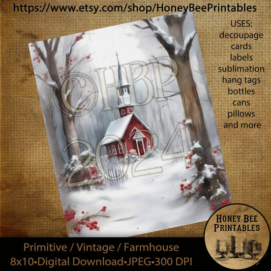 Vintage Primitive Instant Download Printable Decoupage, Christmas, Vintage Christmas, Christmas Chapel, Old Red Chapel 01, Church, Winter