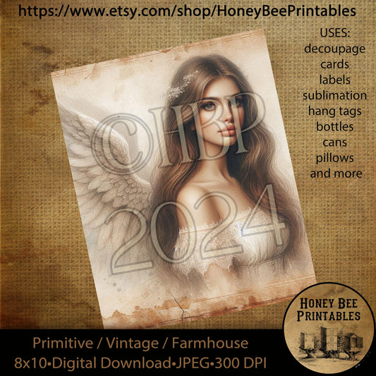 Vintage Primitive Instant Download Printable 8x10 Decoupage, Angel, Heavenly Angel, Arc Angel, Religious, Biblical, Inspirational  04