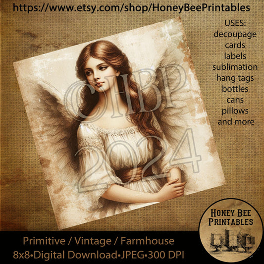 Vintage Primitive Instant Download Printable 8x8, Decoupage, Angel, Heavenly Angel, Arc Angel, Religious, Biblical, Inspirational  01