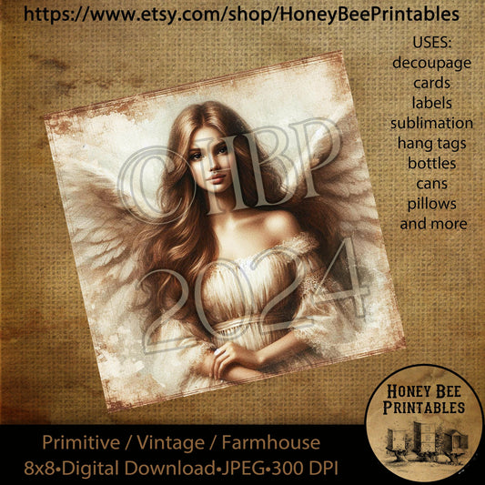 Vintage Primitive Instant Download Printable 8x8, Decoupage, Angel, Heavenly Angel, Arc Angel, Religious, Biblical, Inspirational  02