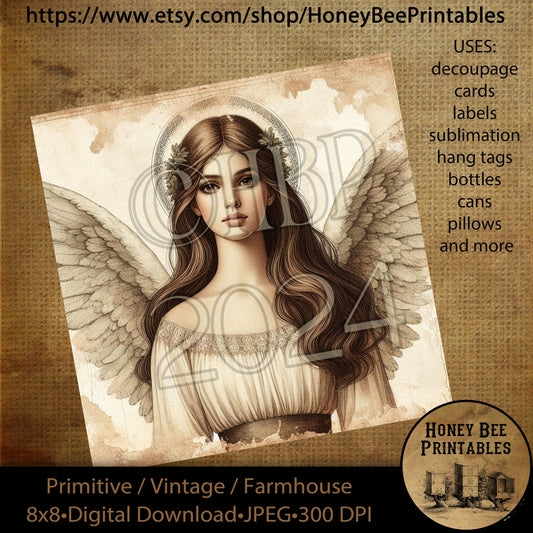 Vintage Primitive Instant Download Printable 8x8, Decoupage, Angel, Heavenly Angel, Arc Angel, Religious, Biblical, Inspirational  03