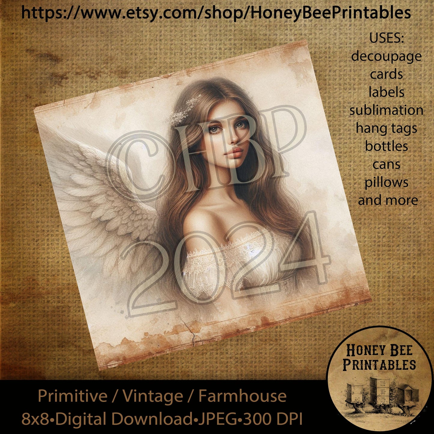Vintage Primitive Instant Download Printable 8x8, Decoupage, Angel, Heavenly Angel, Arc Angel, Religious, Biblical, Inspirational  04