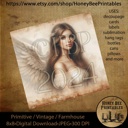 Vintage Primitive Instant Download Printable 8x8, Decoupage, Angel, Heavenly Angel, Arc Angel, Religious, Biblical, Inspirational  04