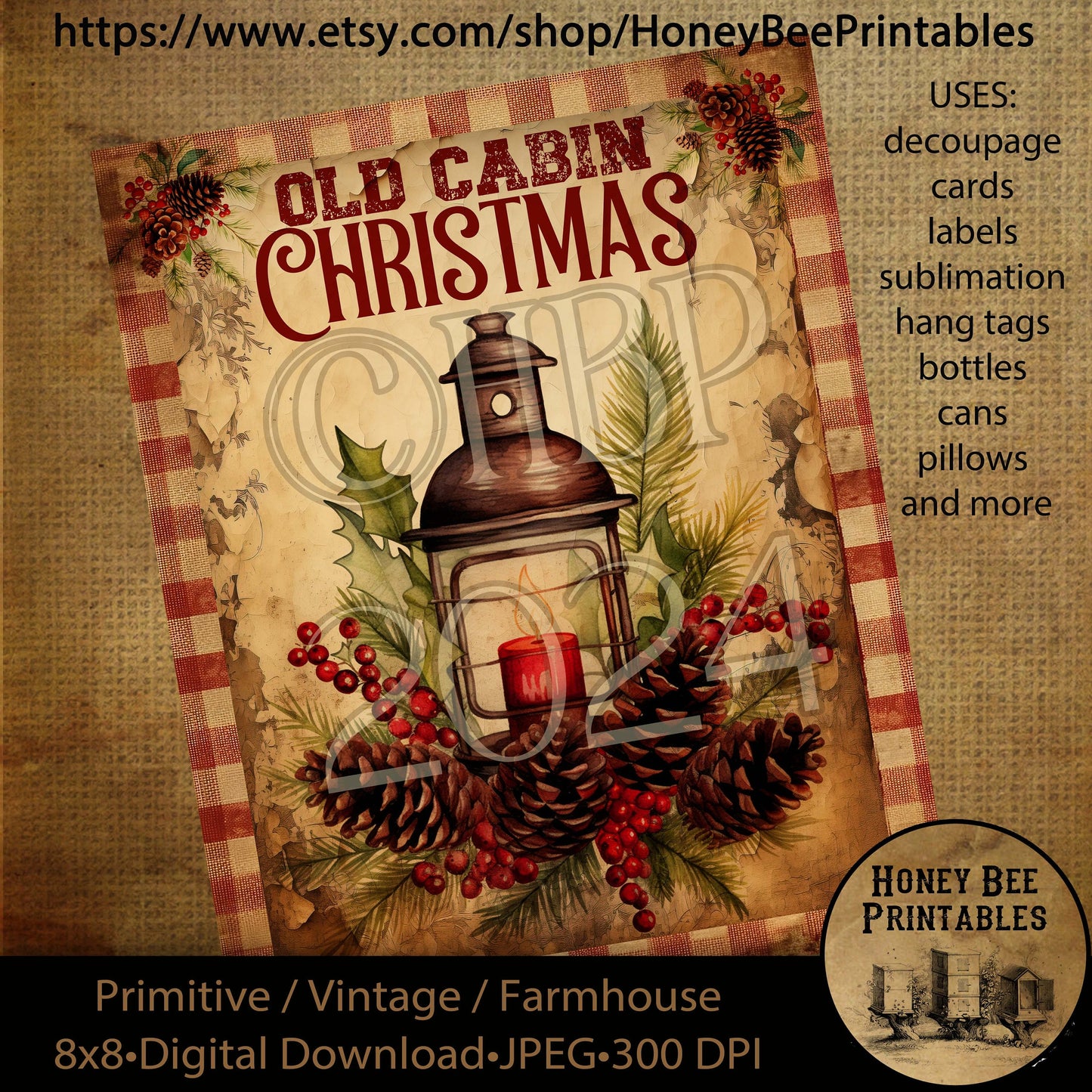 Vintage Primitive Instant Download Printable Decoupage, Christmas, Vintage Christmas, Christmas at the Cabin, Old Cabin Christmas, Lantern
