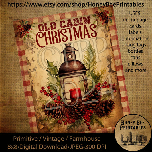 Vintage Primitive Instant Download Printable Decoupage, Christmas, Vintage Christmas, Christmas at the Cabin, Old Cabin Christmas, Lantern