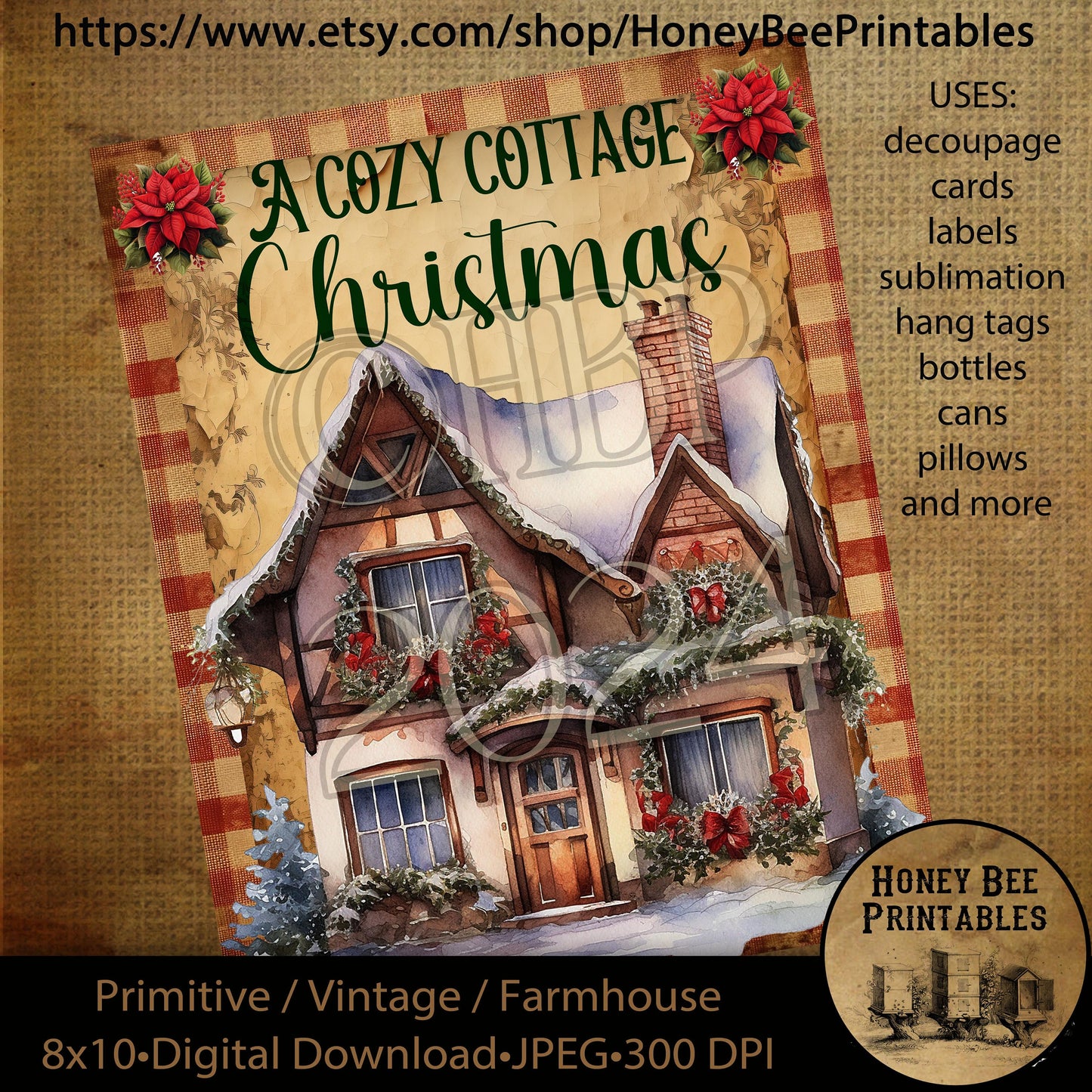 Vintage Primitive Instant Download Printable Decoupage, Christmas, Vintage Christmas, Christmas Cottage, Cozy Cottage Christmas, Poinsettias