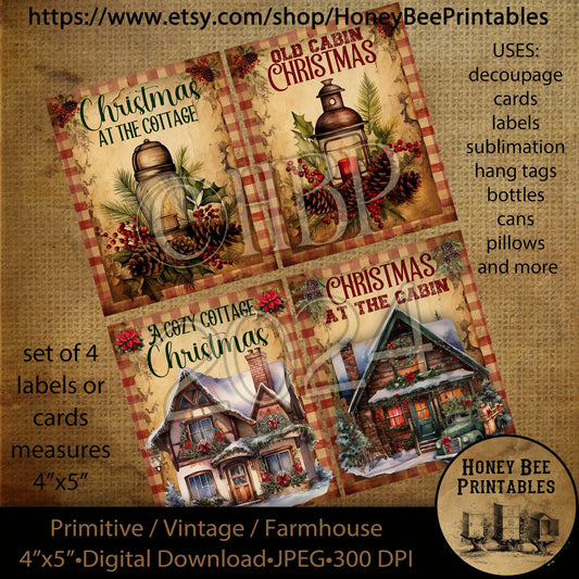 Vintage Primitive Instant Download Printable Decoupage, Country Christmas, Cottage Christmas, Cabin Christmas, Set of 4 cards, labels