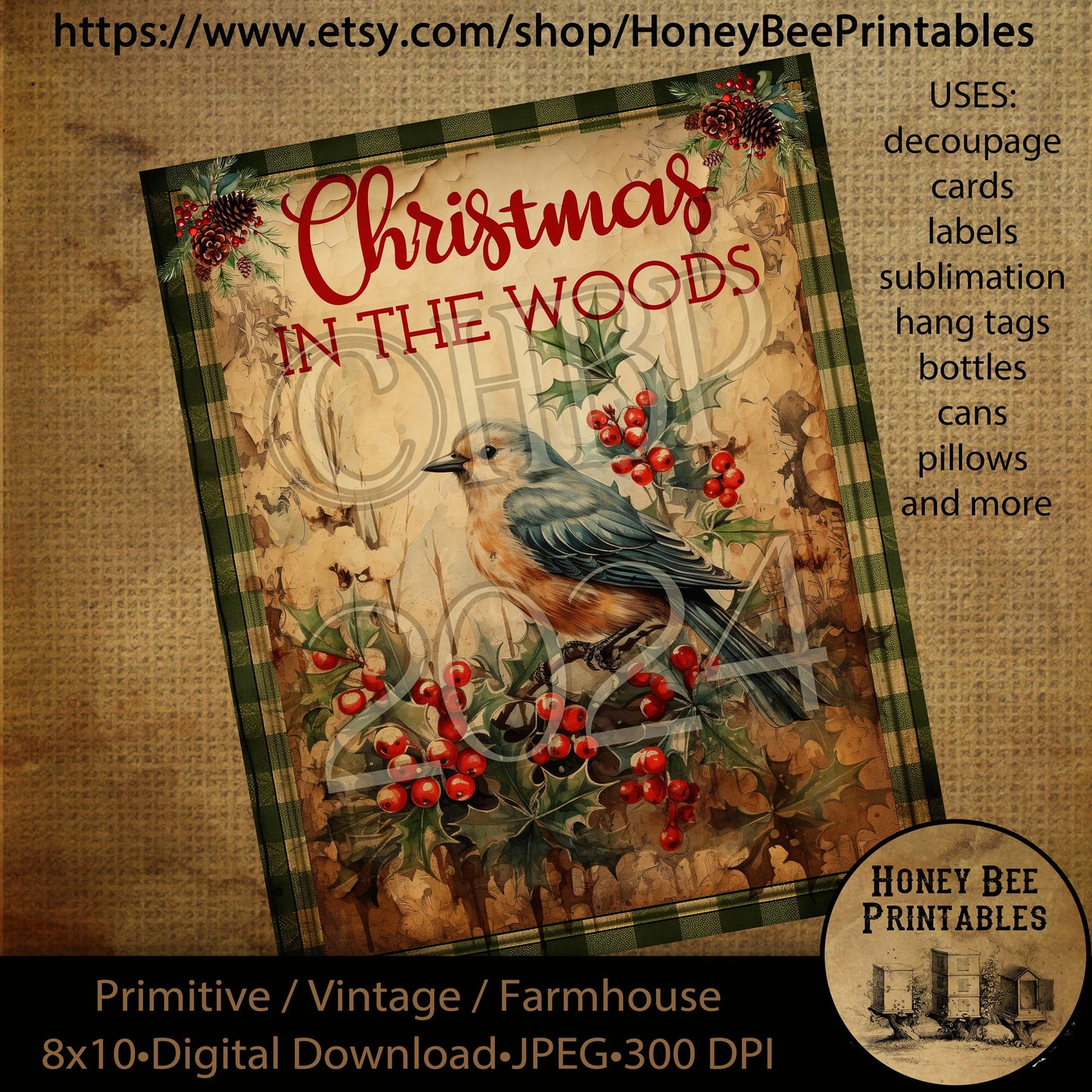 Vintage Primitive Instant Download Printable Decoupage, Vintage Christmas, Country, Christmas in the Woods, Woodland Animals, Bird, Berries