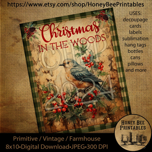 Vintage Primitive Instant Download Printable Decoupage, Vintage Christmas, Country, Christmas in the Woods, Woodland Animals, Bird, Berries