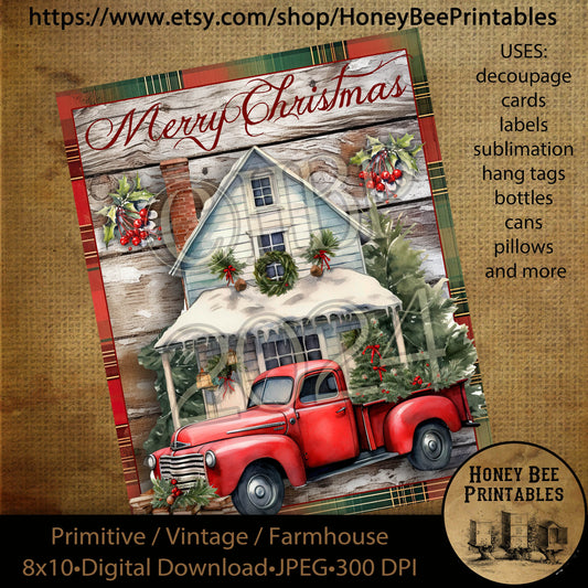 Vintage Primitive Instant Download Printable Decoupage, Christmas, Vintage Christmas, Merry Christmas, Old Red Truck, Christmas Truck