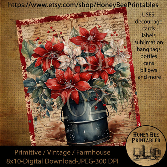 Vintage Primitive Instant Download Printable Decoupage, Christmas Florals, Poinsettias, Rustic Watering Can, Christmas Floral Arrangement 03