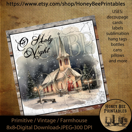 Vintage Primitive Instant Download Printable Decoupage, Christmas Chapel, O Holy Night, Snowy Chapel, Winter Chapel, Church, 8x8