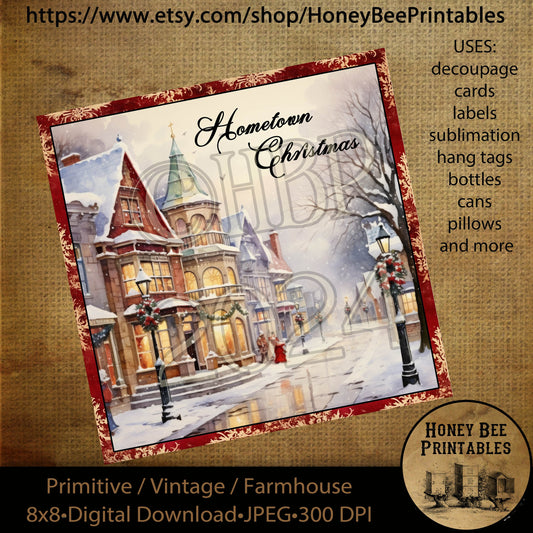 Vintage Primitive Instant Download Printable Decoupage, Christmas, Hometown Christmas, Victorian Christmas, Old Fashioned, 8x8