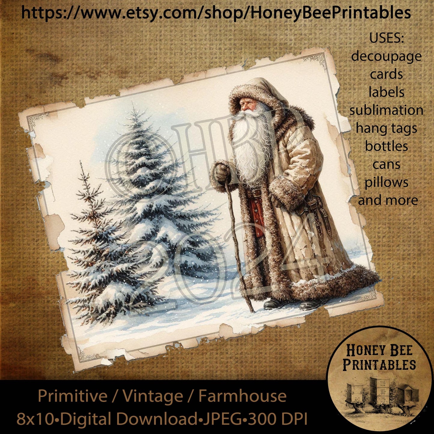 Vintage Primitive Instant Download, Printable, 8x10, Decoupage, Cards, Christmas, Santa Claus, Old World Santa, Belsnickel, Tree, Snow, 02