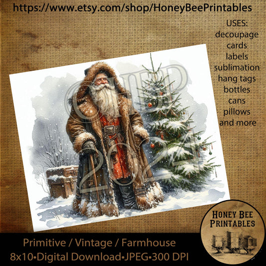 Vintage Primitive Instant Download, Printable, 8x10, Decoupage, Cards, Christmas, Santa Claus, Old World Santa, Belsnickel, Tree, Snow, 04