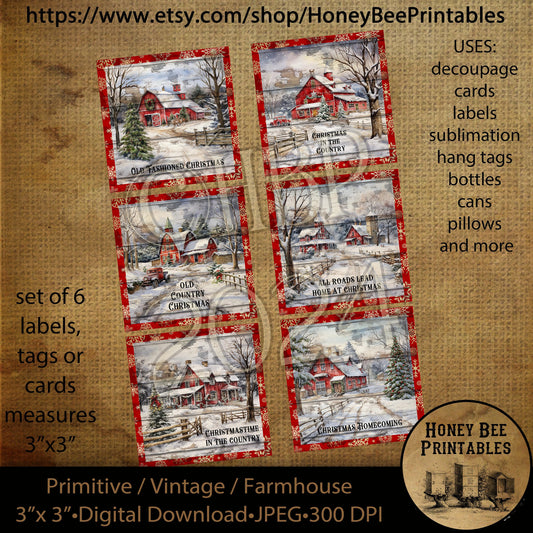 Vintage Primitive Instant Download Printable Decoupage, Old Country Christmas, Hometown, Old Fashioned, Barn, Set of 6 cards, labels, tags