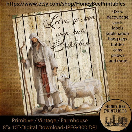 Vintage Primitive Instant Download Printable Decoupage, Vintage Christmas, Country, Nativity, Sheperds, Let Us Go Now Even Unto Bethlehem