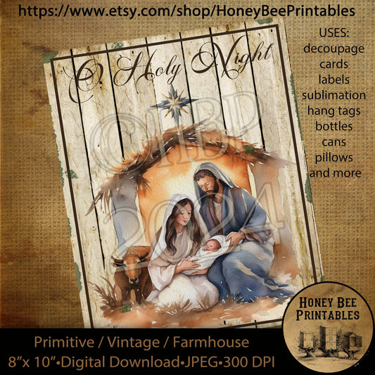 Vintage Primitive Instant Download Printable Decoupage, Christmas, Nativity, O Holy Night, Jesus, Manger, Mary and Joseph, O Holy Night