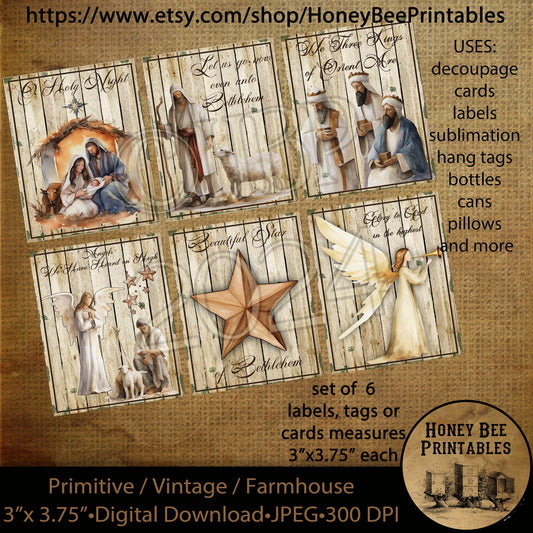 Vintage Digital Download Printable Decoupage Primitive, O Holy Night, Manger, Nativity, Christmas, Jesus, Set of 6 Labels, Tags or cards