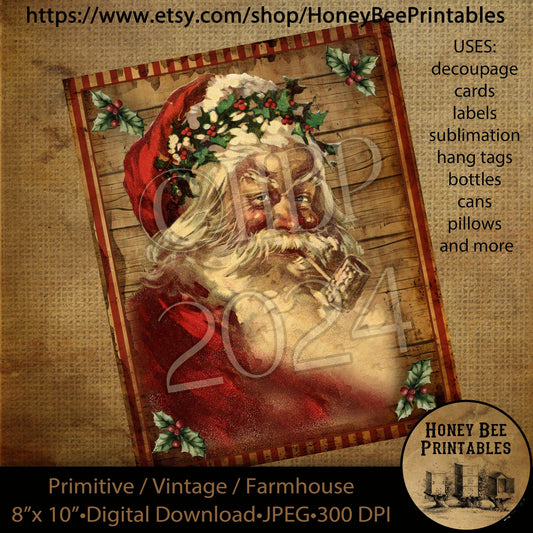 Vintage Prim Instant Download Printable Decoupage, Christmas, Vintage Santa, Primitive Santa, Santa Claus, Father Christmas, Red Ticking
