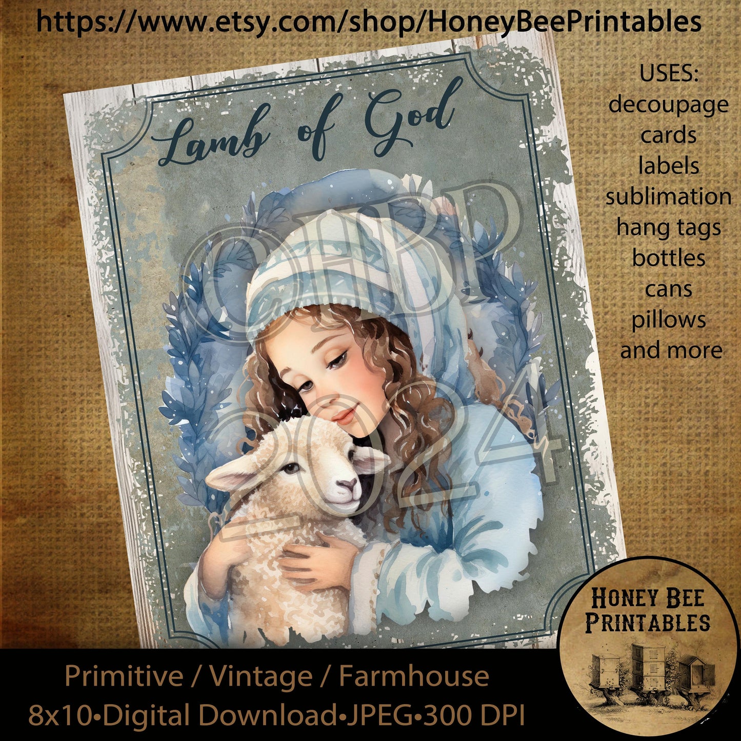 Vintage Primitive Instant Download Printable Decoupage, Christmas, Nativity, Lamb of God, Lamb, Sheep, Little Girl, Birth of Jesus, Jesus