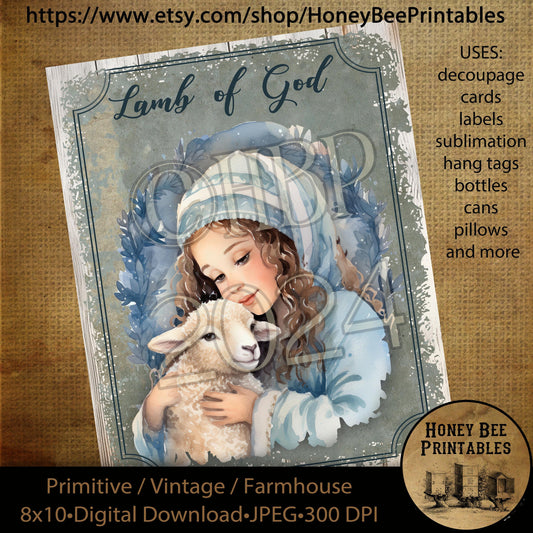Vintage Primitive Instant Download Printable Decoupage, Christmas, Nativity, Lamb of God, Lamb, Sheep, Little Girl, Birth of Jesus, Jesus