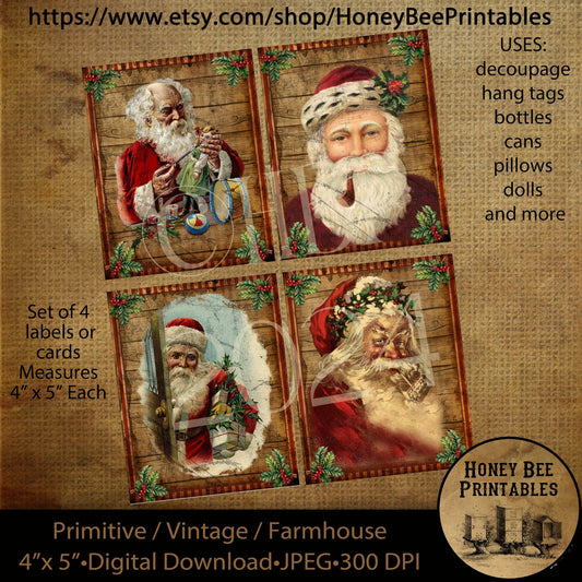 Vintage Digital Download Printable Decoupage Primitive, Set of 4 Labels, Tags or cards, Vintage, Primitive, Santa Claus, Father Christmas