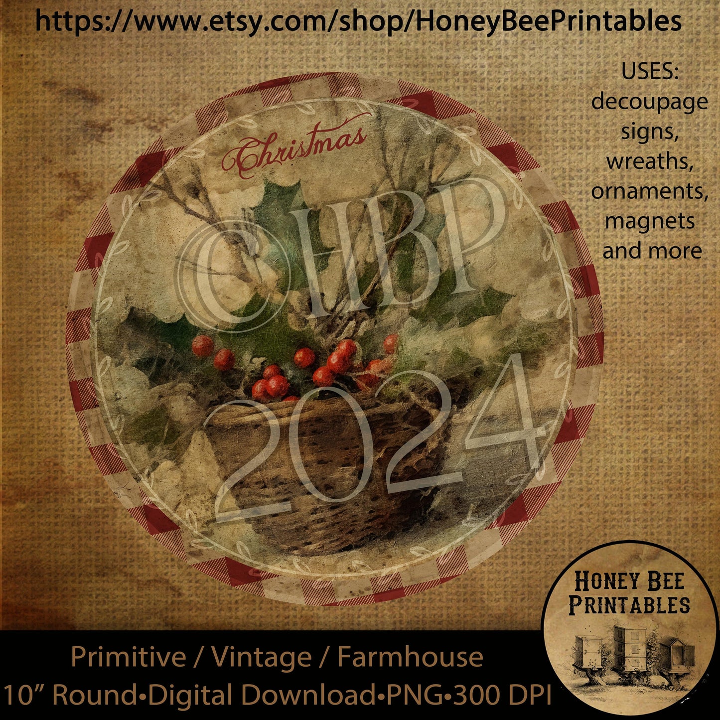 Vintage Instant Download Printable Decoupage Vintage, Basket of Berries, Round Sign Design, Sign for Wreath, Christmas Basket, Ornaments
