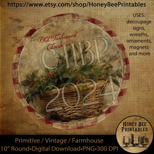 Vintage Instant Download Printable Decoupage Vintage, Round Sign Design for Wreath,  Use for Ornaments, Magnets, Christmas Basket, Berries