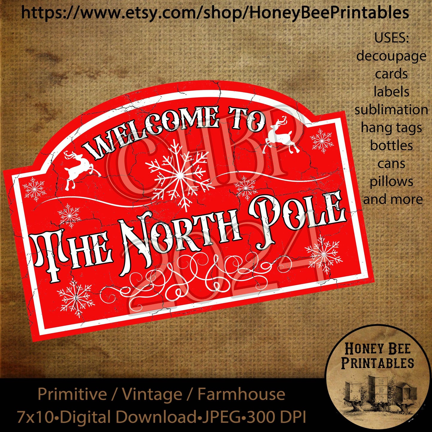 Vintage Primitive Instant Download, Printable, 7x10, Decoupage, Cards, Christmas, Street Signs, Signs, North Pole, Old Signs, Santa