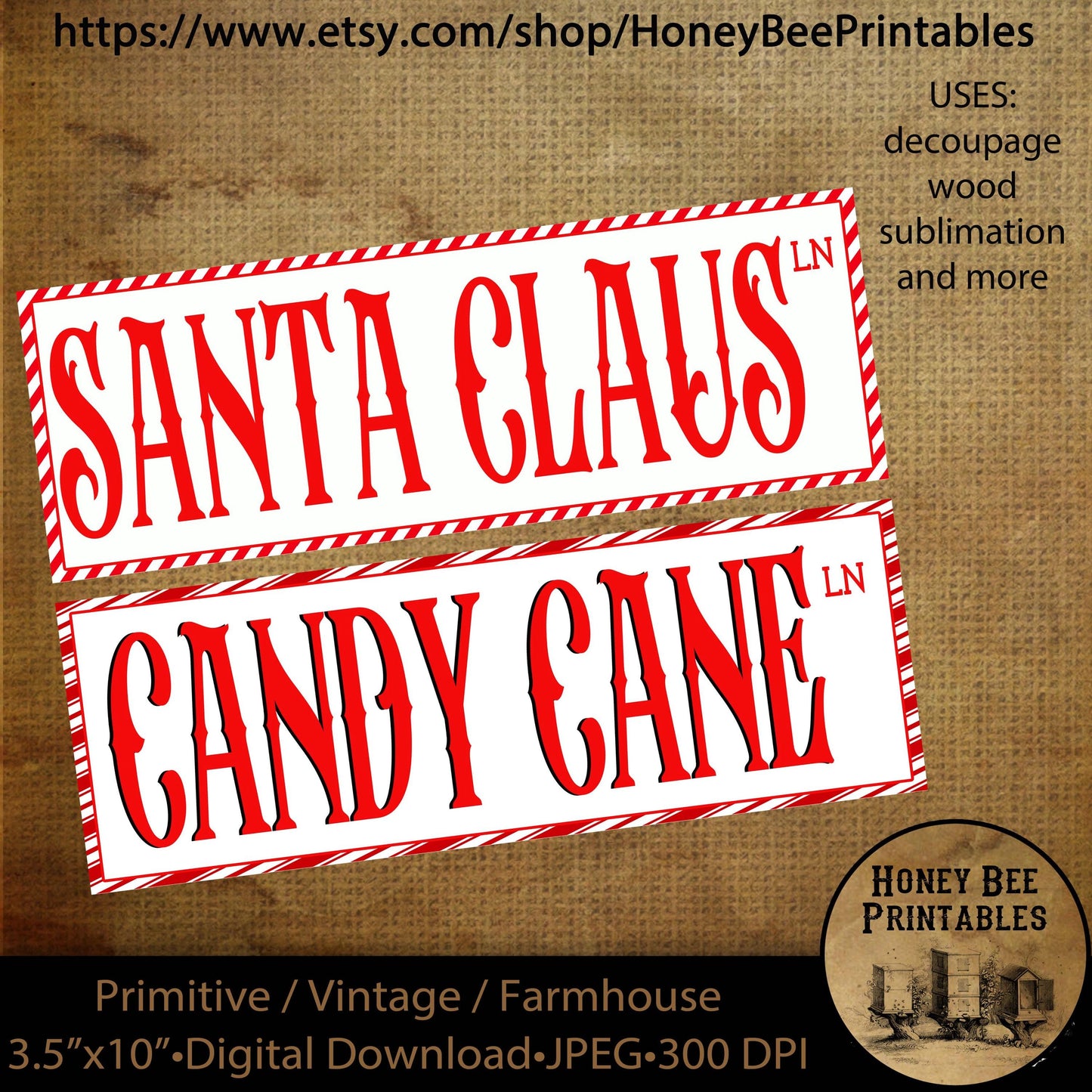 Vintage Primitive Instant Download, Printable, 3.5 x 10, Decoupage, Christmas, Street Signs, North Pole, Santa Claus Lane, Candy Cane Lane