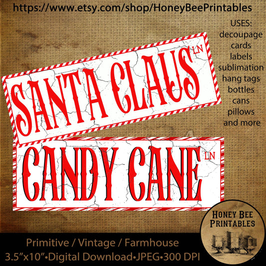 Vintage Primitive Instant Download, Printable, 3.5 x 10, Decoupage, Christmas, Street Signs, North Pole, Santa Claus Lane, Candy Cane Lane