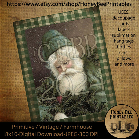 Vintage Primitive Instant Download Printable Decoupage, Old World Santa, Father Christmas, Santa Claus, Old Time Santa, Christmas, Green 1