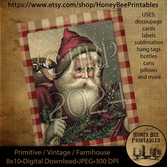 Vintage Primitive Instant Download Printable Decoupage, Old World Santa, Father Christmas, Santa Claus, Old Time Santa, Christmas, Red 1