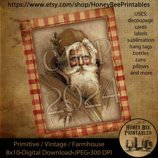 Vintage Primitive Instant Download Printable Decoupage, Old World Santa, Father Christmas, Santa Claus, Old Time Santa, Christmas, Sepia